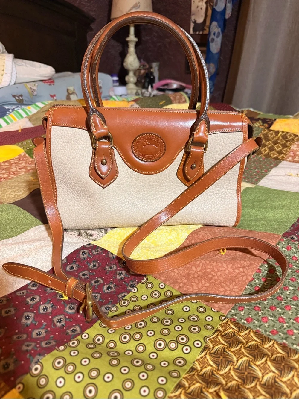 VTG Dooney & Bourke Cream Tote Satchel with Tan Leather Trim